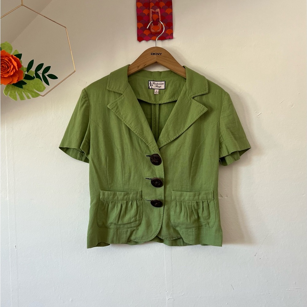 EUC VTG Linen sz4 jacket spring green pockets buttons collar Fundamental Things